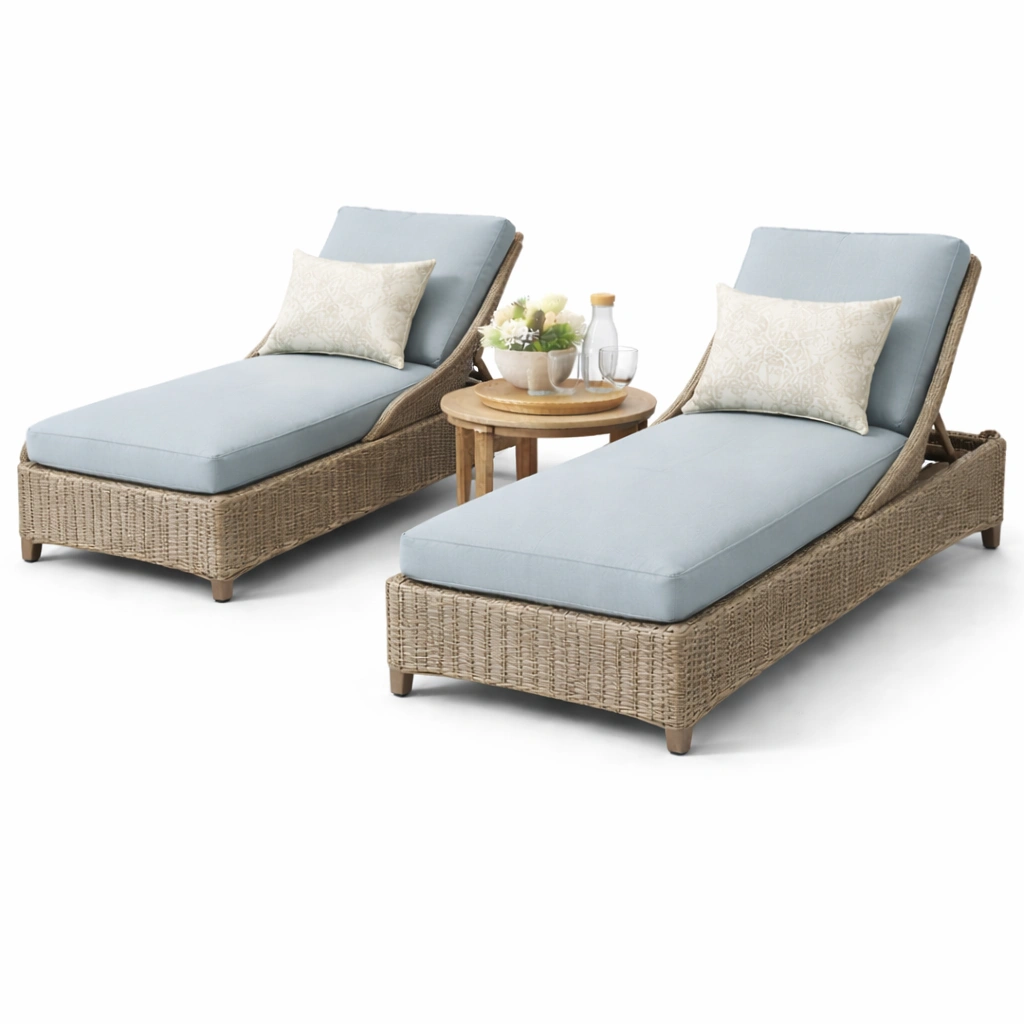 Doppel Sonnenliege Rattan Hellblau mit Tisch-oravoa