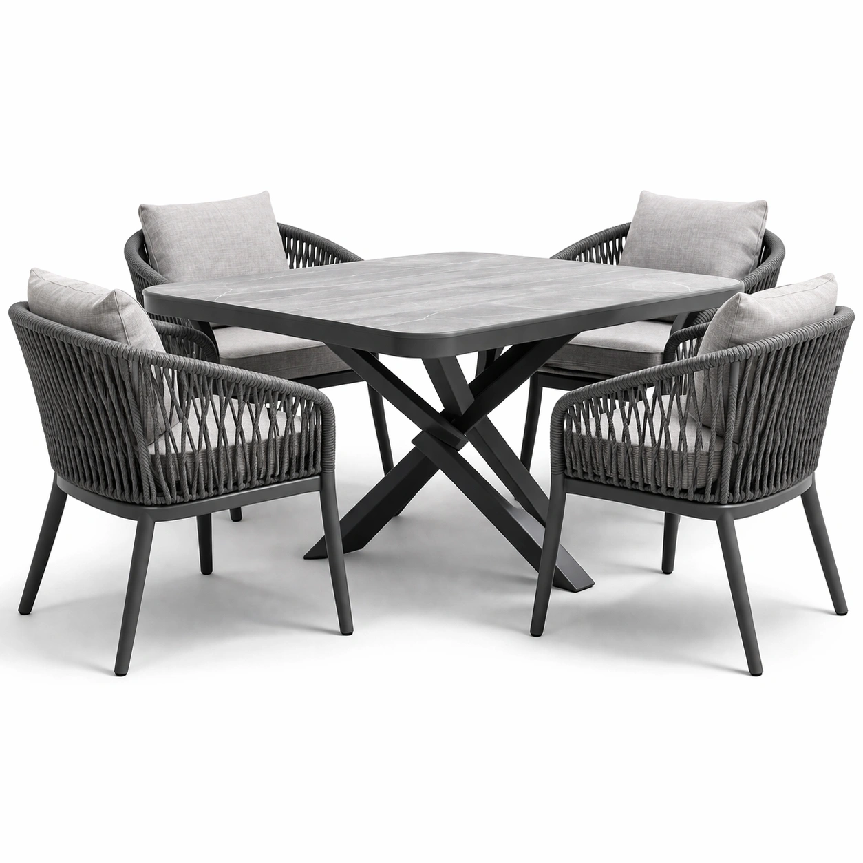Garten Essgruppe Grau Metall mit 4 Stuehlen-oravoa