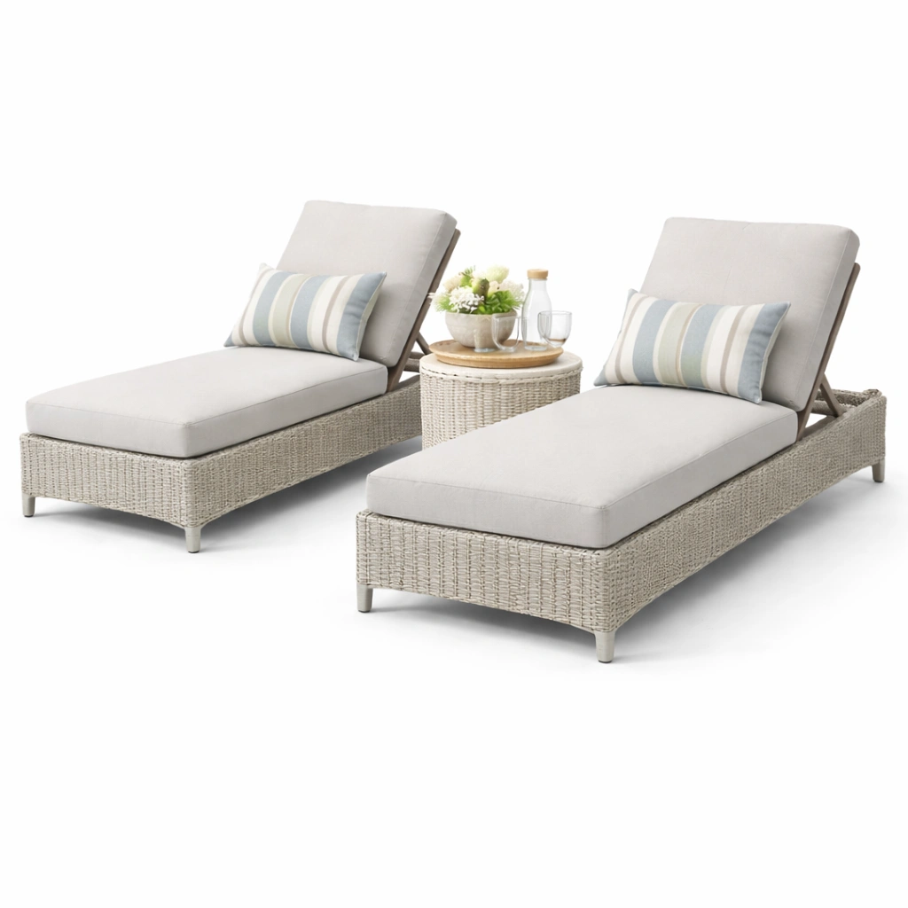 Doppel Sonnenliege Rattan Hellgrau mit Tisch-yelnora