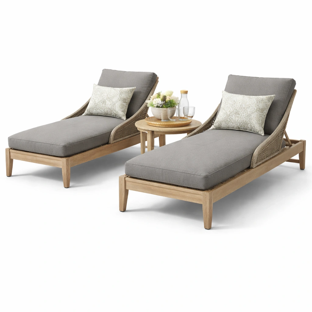 Doppel Sonnenliege Holz Grau mit Geflecht-yelnora