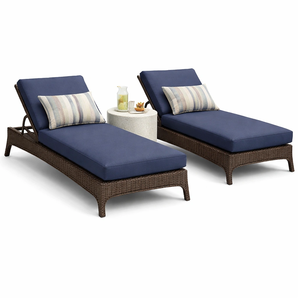 Doppel Sonnenliege Rattan Blau mit Tisch-yelnora