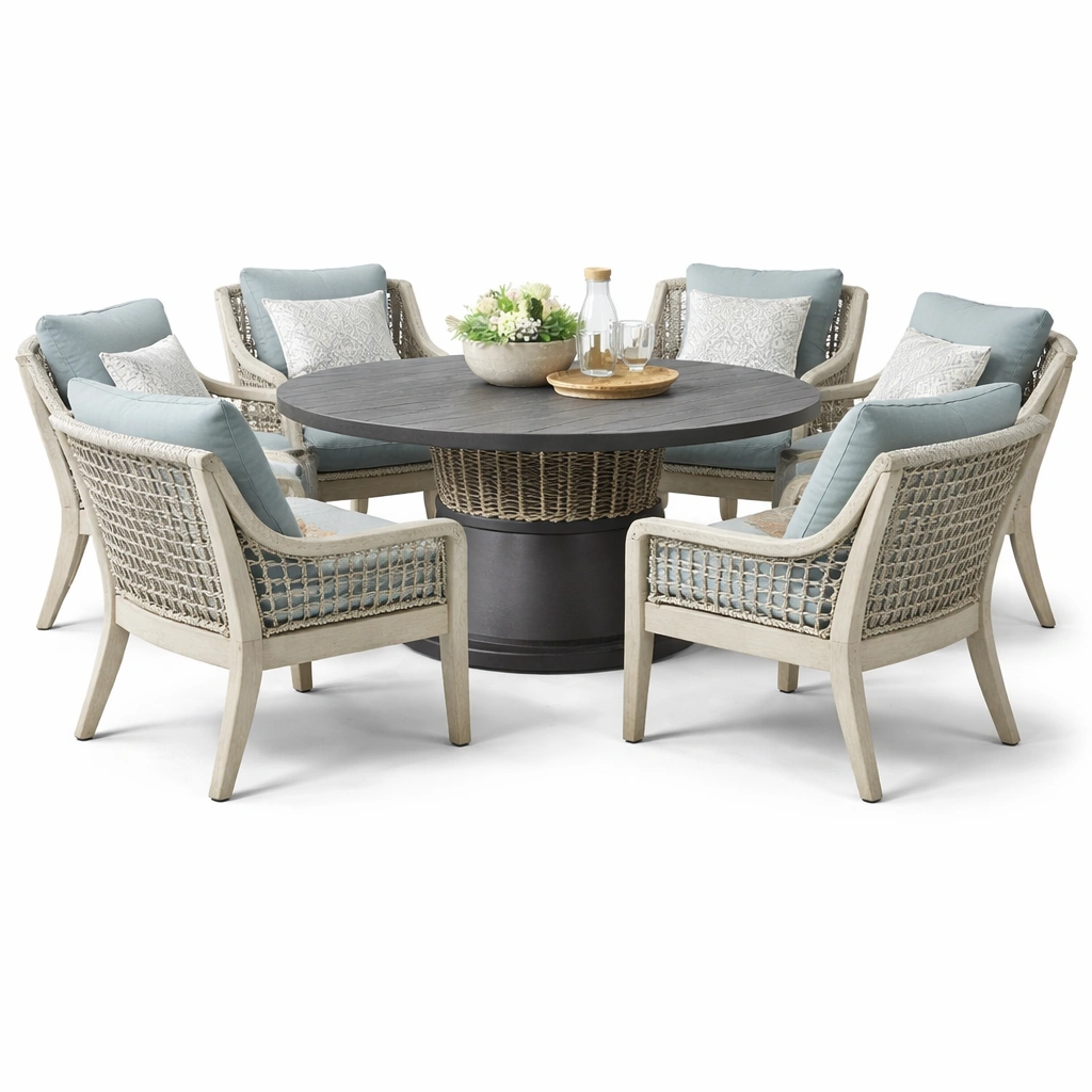 Garten Essgruppe Rund Grau mit 6 Stuehlen-yelnora