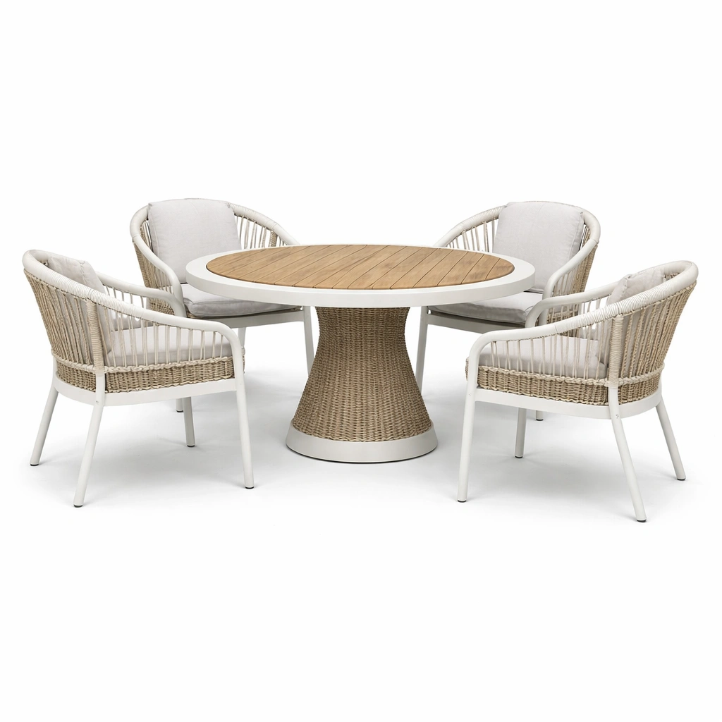 Garten Essgruppe Rund Weiss Natur mit 4 Stuehlen-yelnora