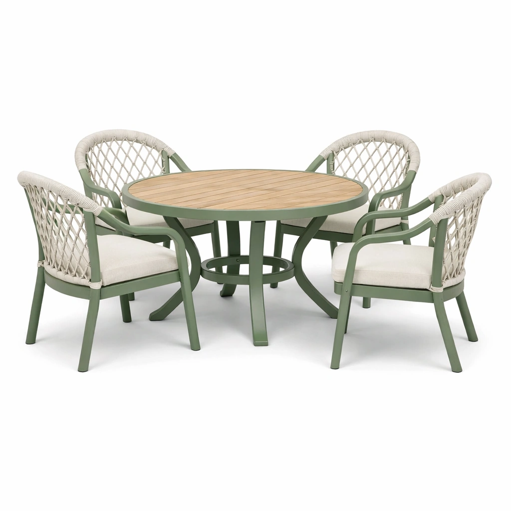 Garten Essgruppe Rund Gruen Natur mit 4 Stuehlen-yelnora