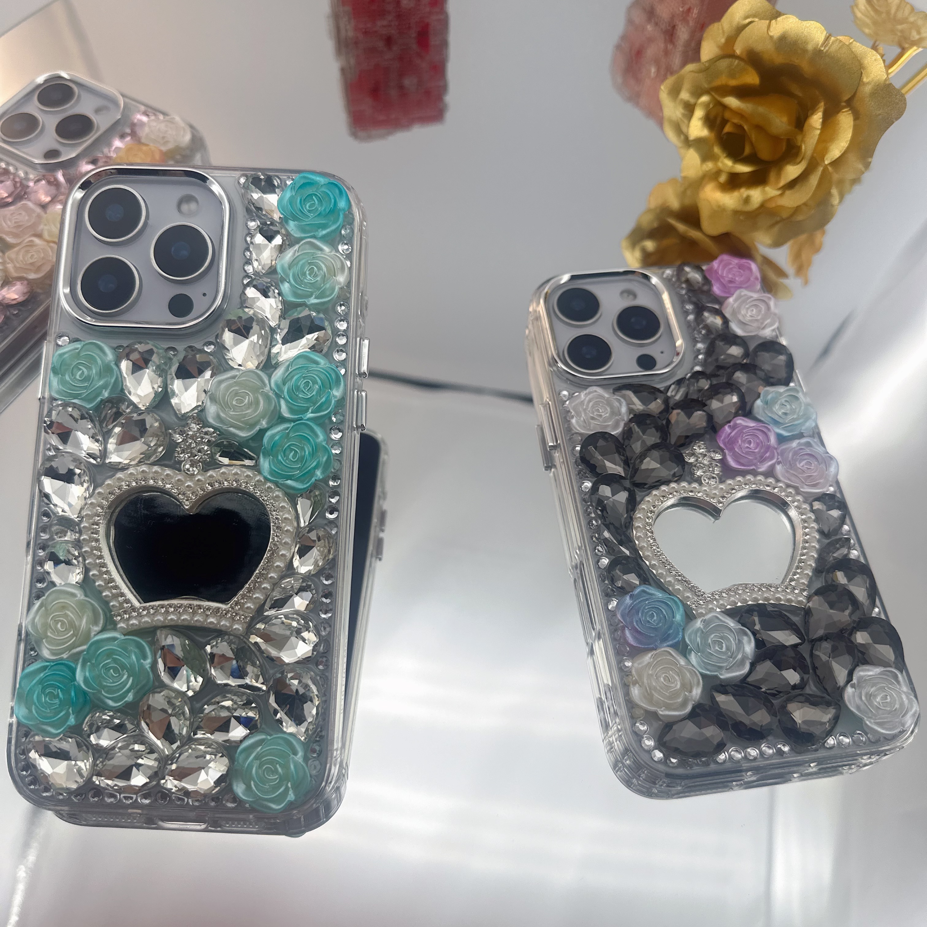 Handcrafted Luxury Rose Crown Makeup Mirror rhinestone Phone Case for Apple & Samsung