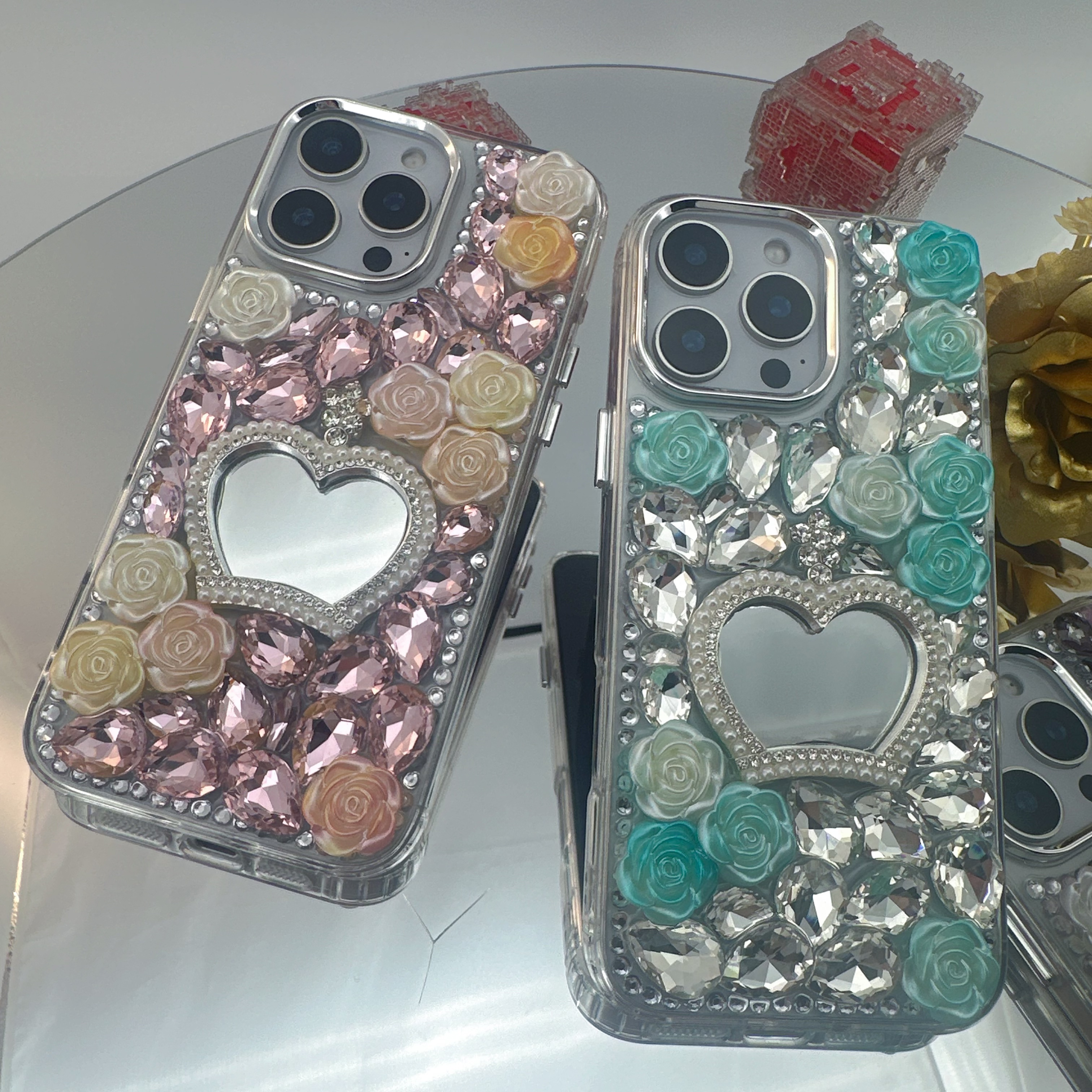 Handcrafted Luxury Rose Crown Makeup Mirror rhinestone Phone Case for Apple & Samsung