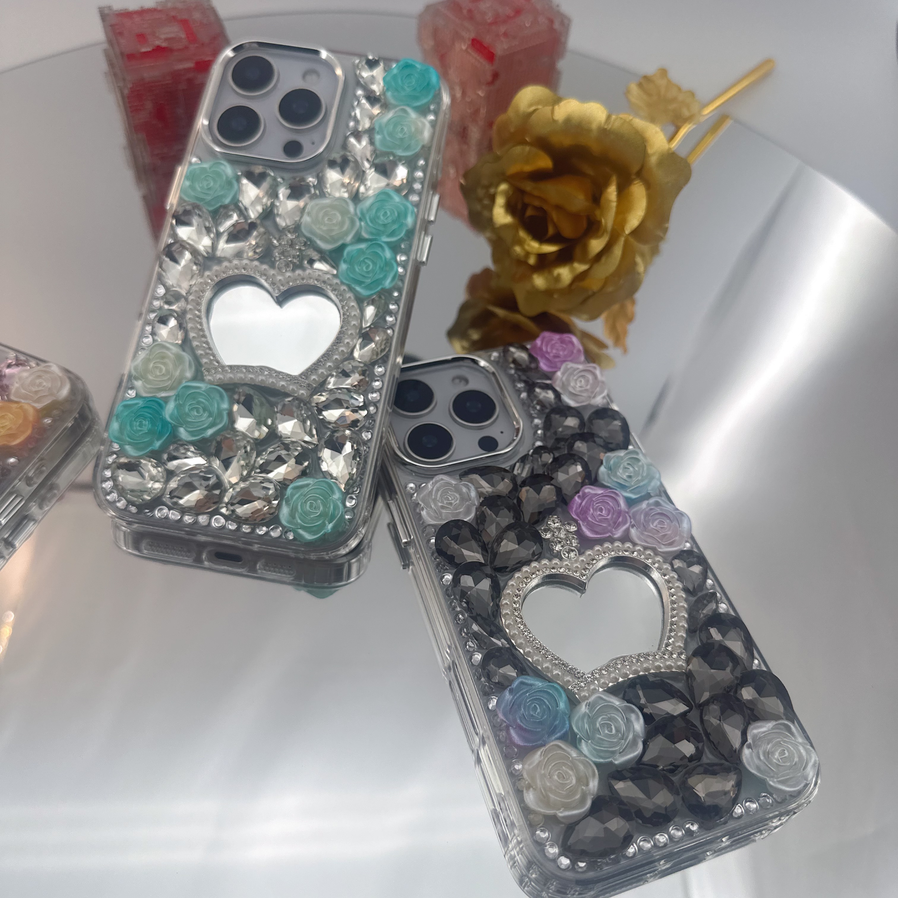 Handcrafted Luxury Rose Crown Makeup Mirror rhinestone Phone Case for Apple & Samsung