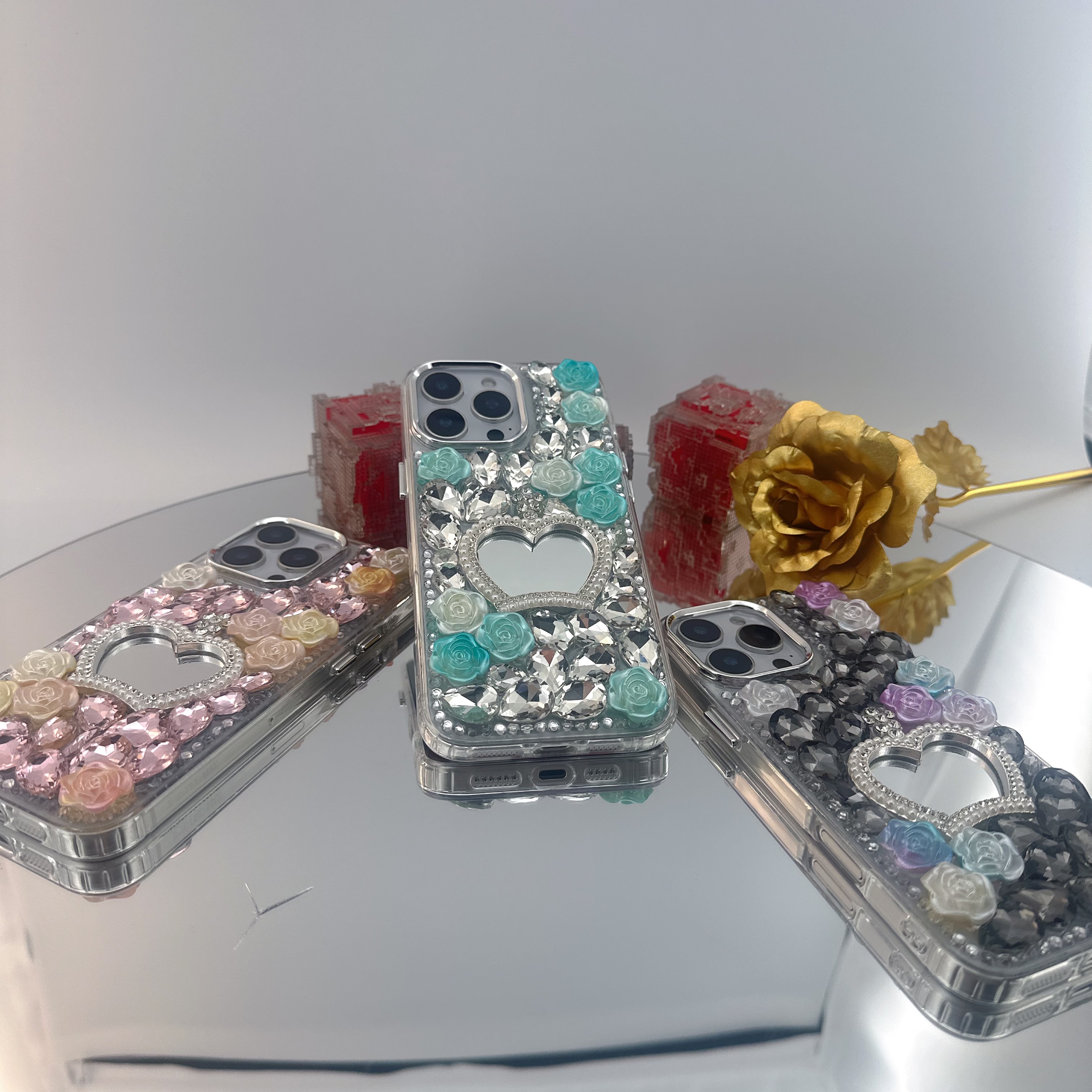Handcrafted Luxury Rose Crown Makeup Mirror rhinestone Phone Case for Apple & Samsung