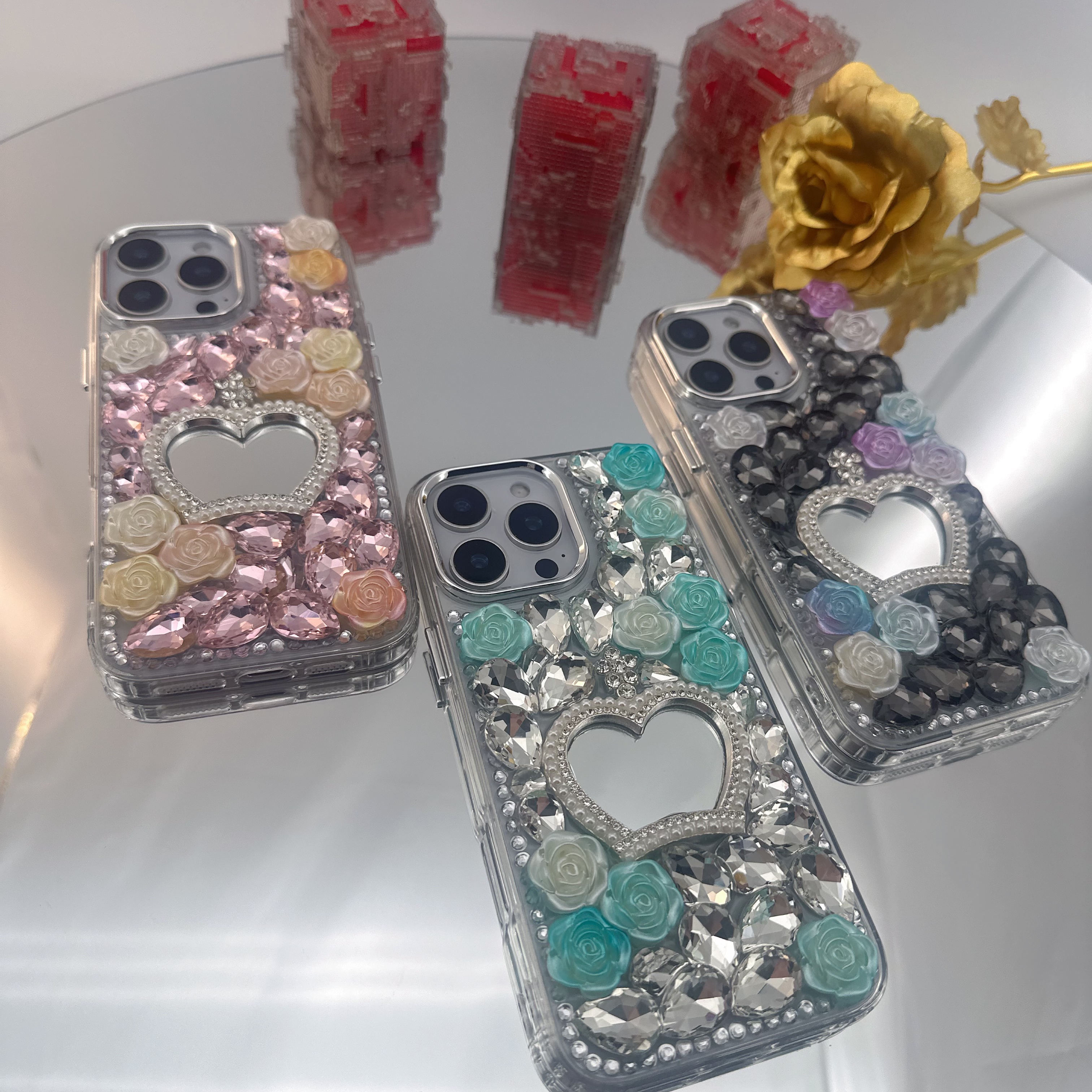 Handcrafted Luxury Rose Crown Makeup Mirror rhinestone Phone Case for Apple & Samsung