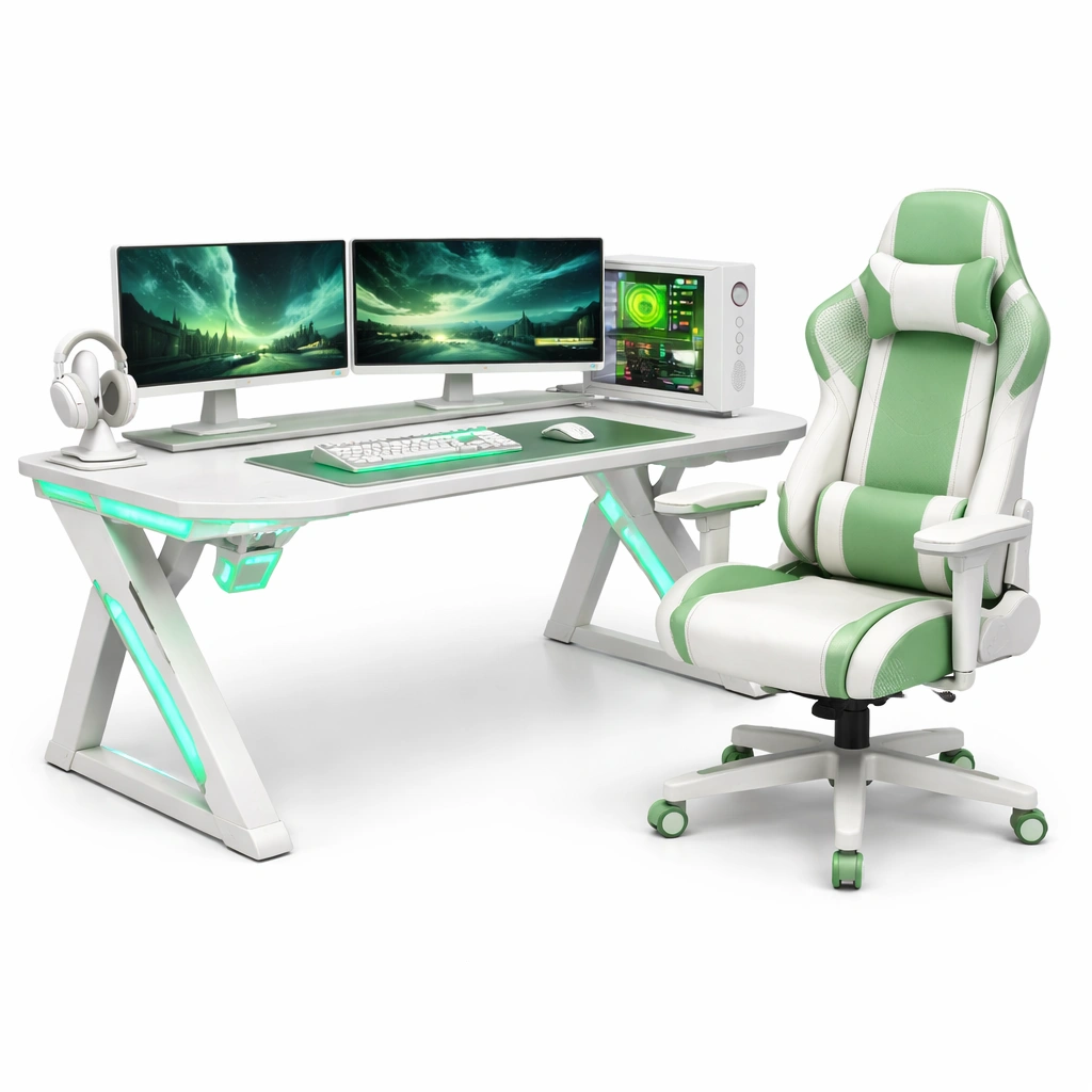 Gaming Schreibtisch Set Weiss Gruen mit Stuhl und RGB Licht-vrivon