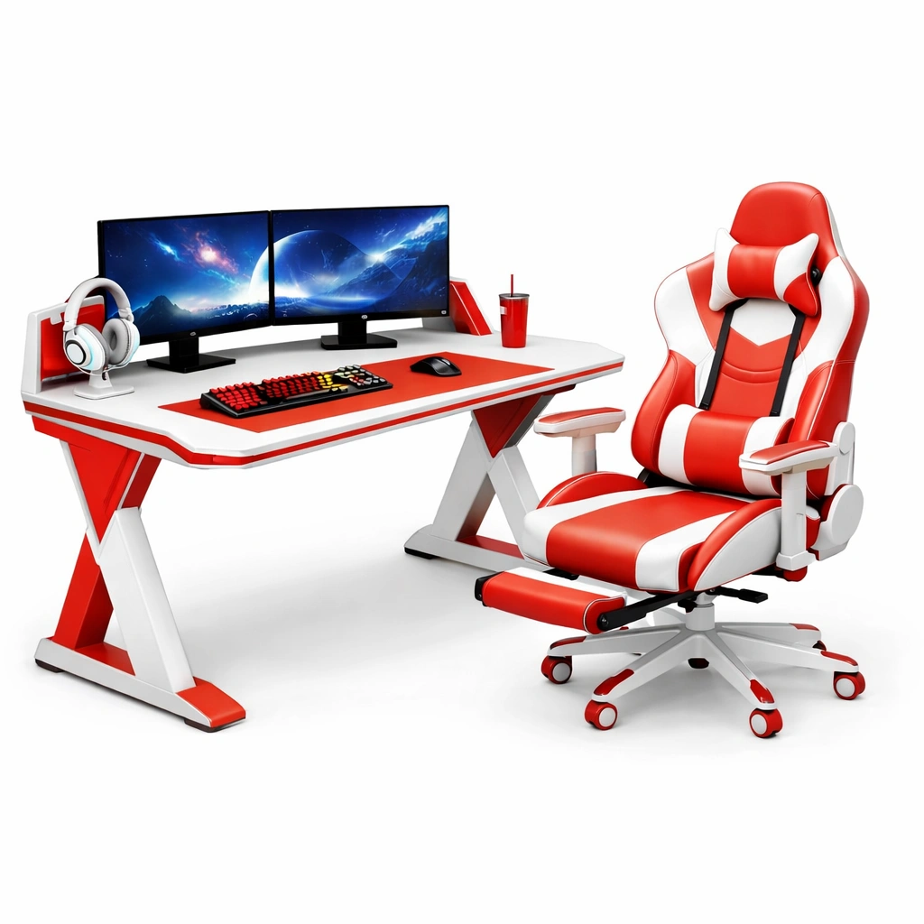 Gaming Schreibtisch Set Weiss Rot mit Stuhl Dual Monitor-vrivon