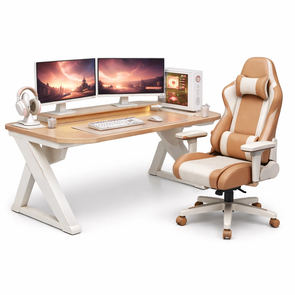Gaming Schreibtisch Set Holz Beige mit Stuhl Komfort-vrivon