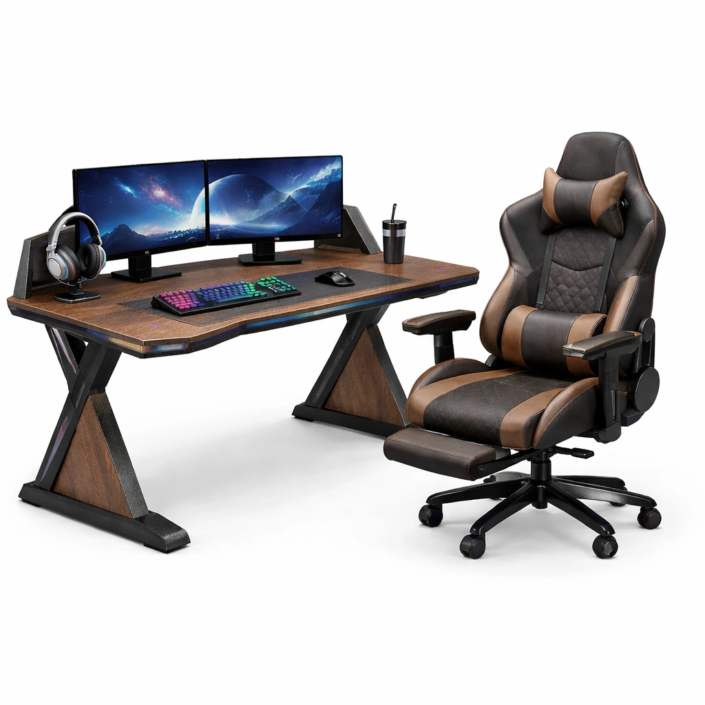 Gaming Schreibtisch Set Dunkelbraun Schwarz mit Stuhl Premium-vrivon
