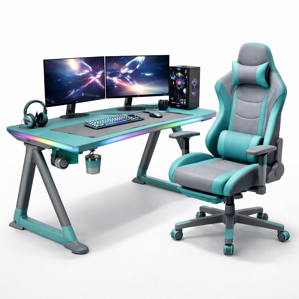 Gaming Schreibtisch Set Grau Tuerkis mit Stuhl LED Design-vrivon