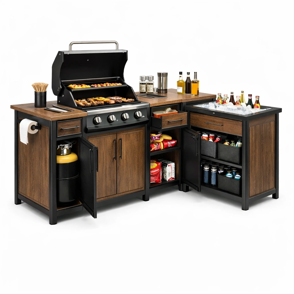 Outdoor Grill Kueche Braun Schwarz mit Erweiterung und Kuehlfach-vrivon