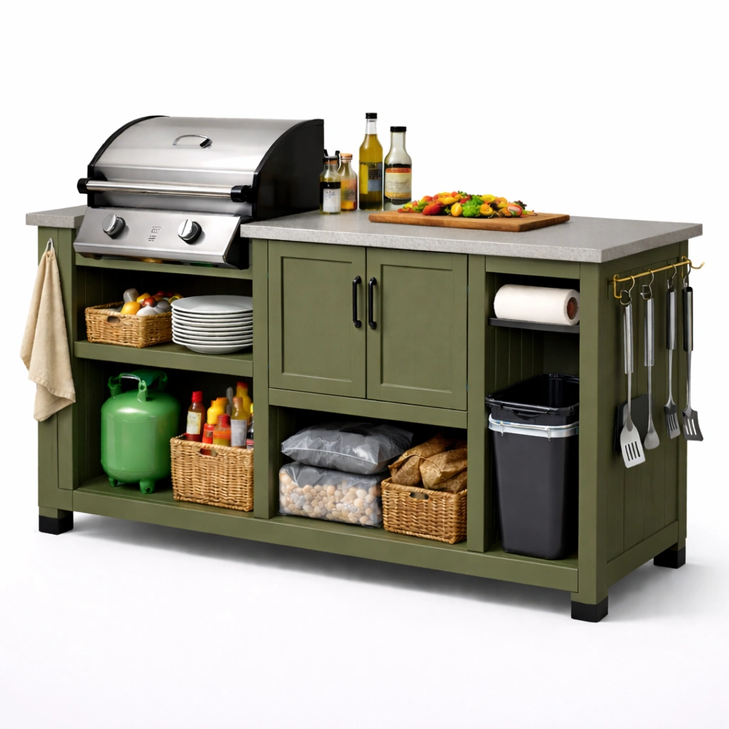 Outdoor Grill Kuecheninsel Gruen mit Stauraum und Arbeitsplatte-vrivon