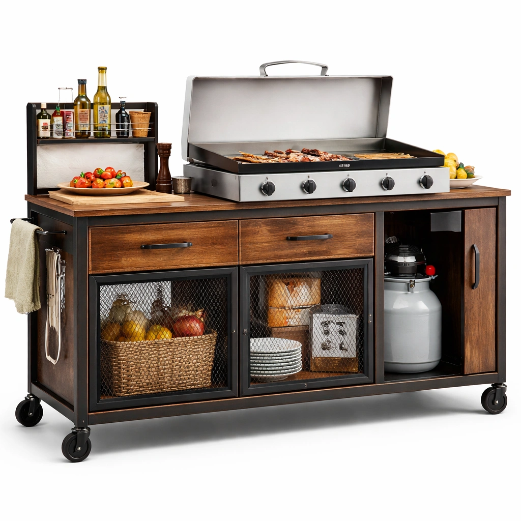 Outdoor Grill Wagen Braun mit Rollen und Stauraum-vrivon