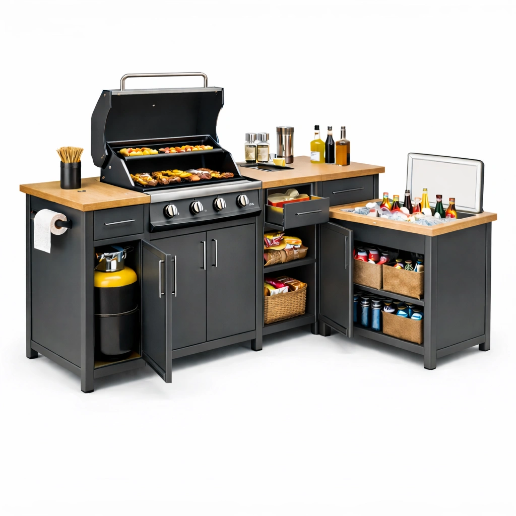 Outdoor Grill Kueche Schwarz mit Kuehlfach und Stauraum-vrivon