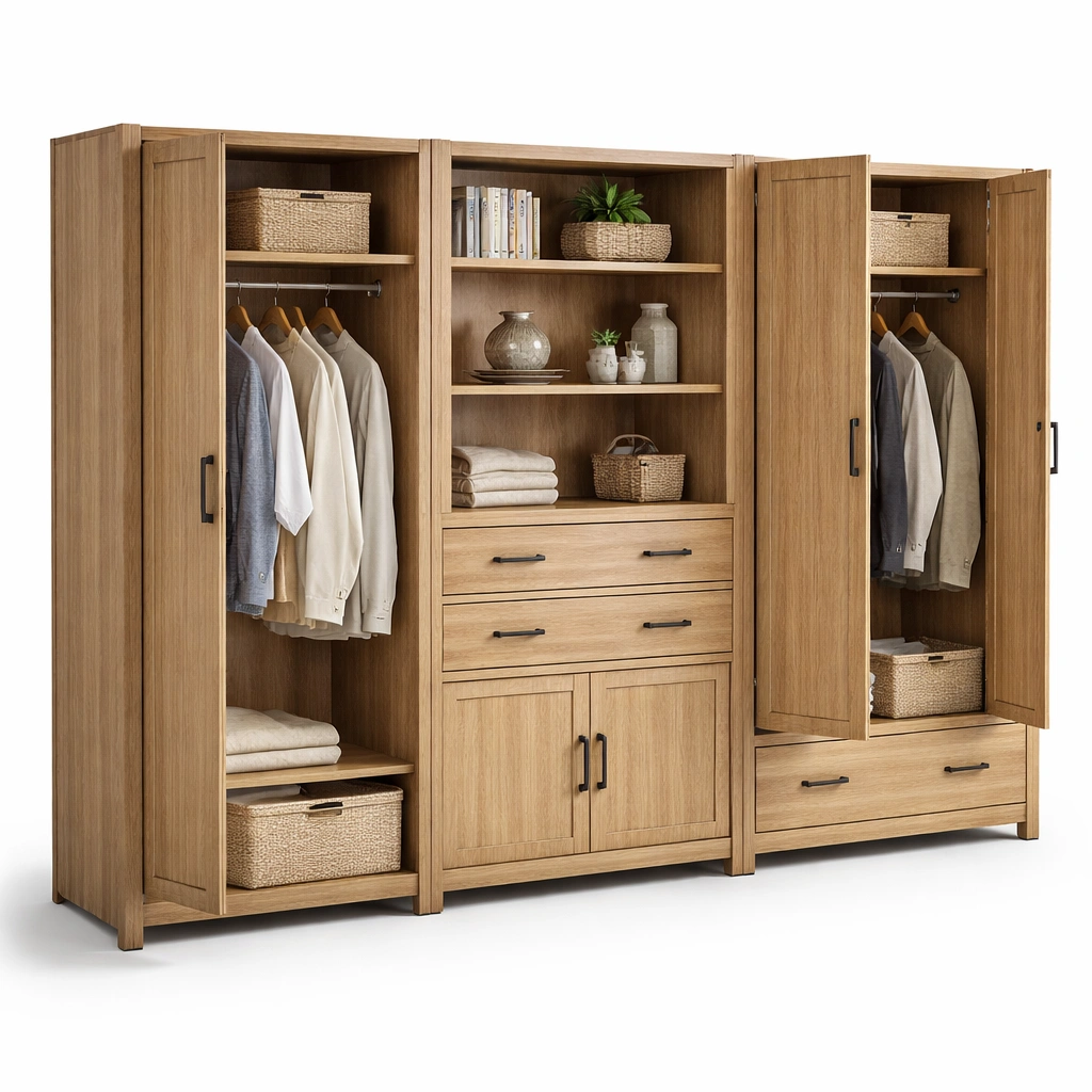 Kleiderschrank Holz Natur mit Stauraum und Schubladen-vrivon