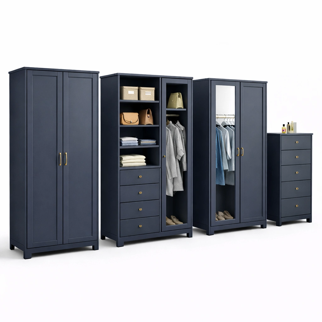 Kleiderschrank Dunkelblau mit Spiegel und Schubladen Set-vrivon