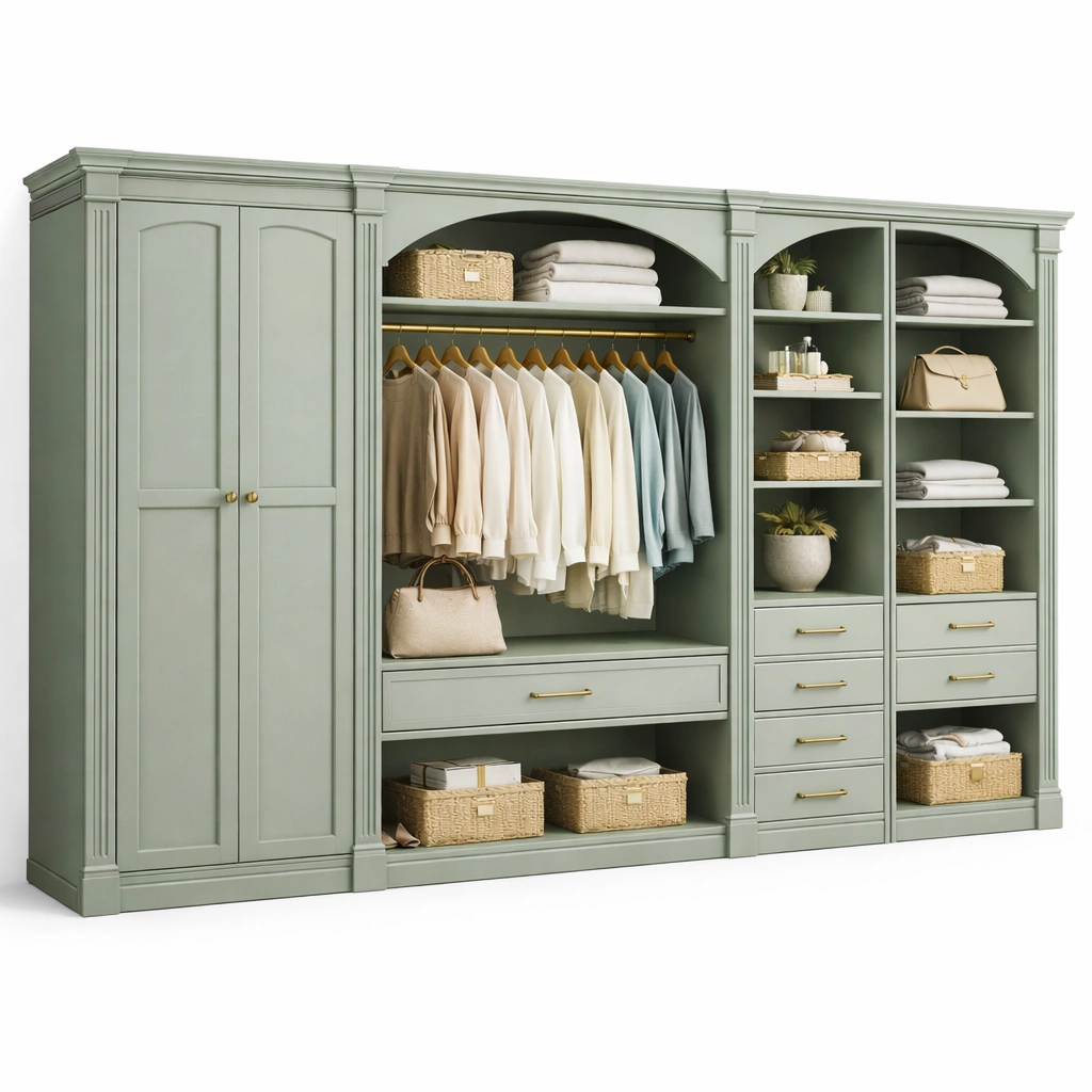 Kleiderschrank Gruen Klassisch mit Regalen und Schubladen-vrivon