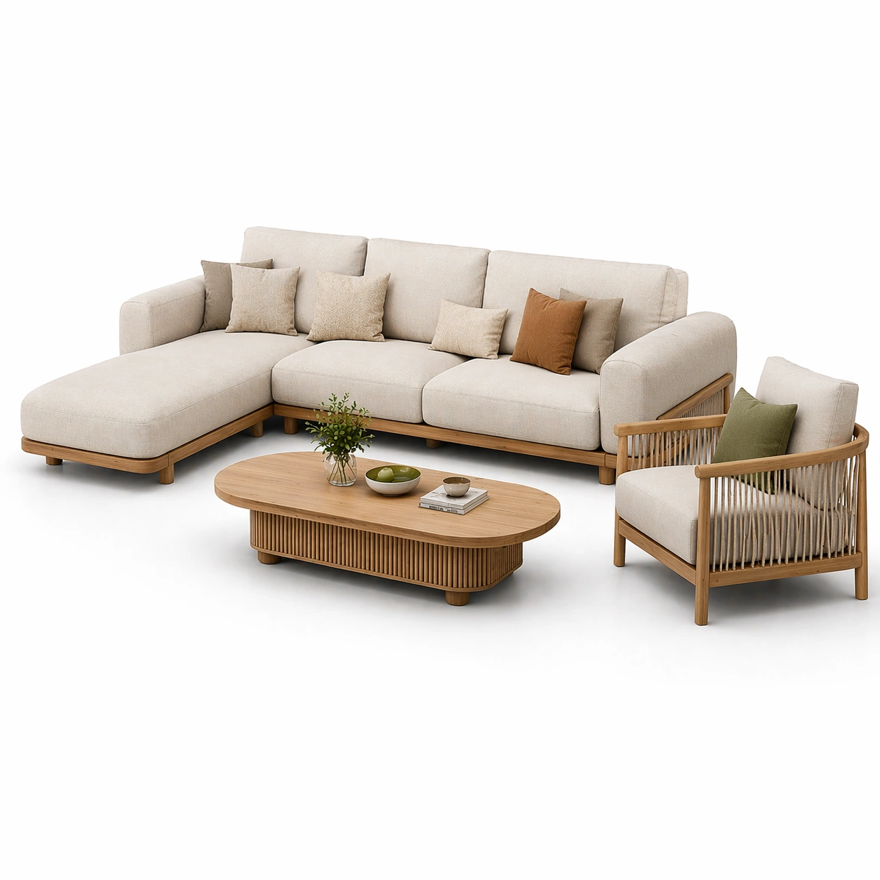 Lounge Sofa Set Beige mit Holzrahmen und Tisch-vrivon