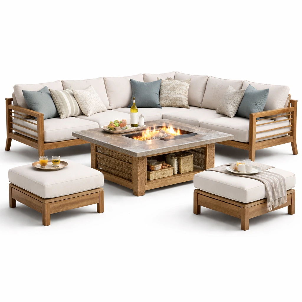 Garten Lounge Set Beige mit Feuerstelle und Hockern-vrivon