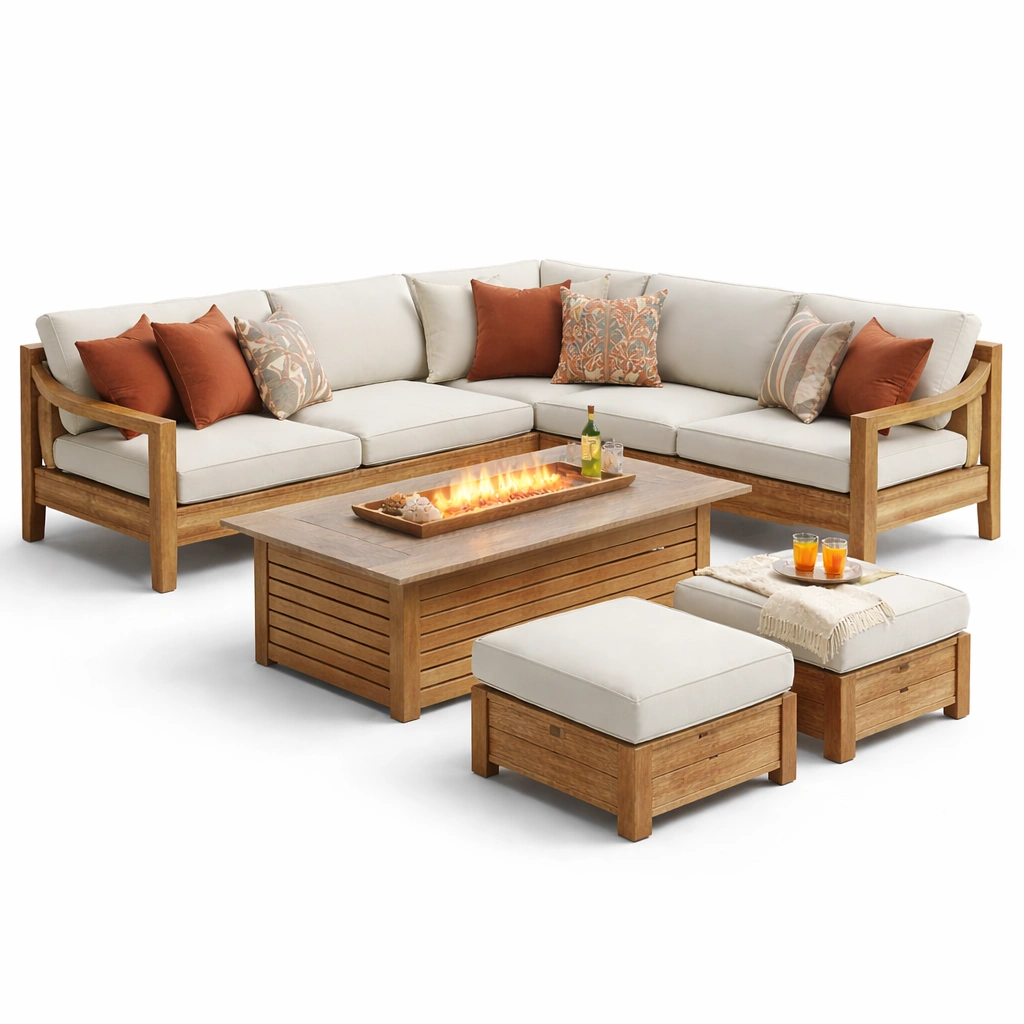 Lounge Sofa Set Beige Holz mit Feuer Tisch und Hocker-vrivon