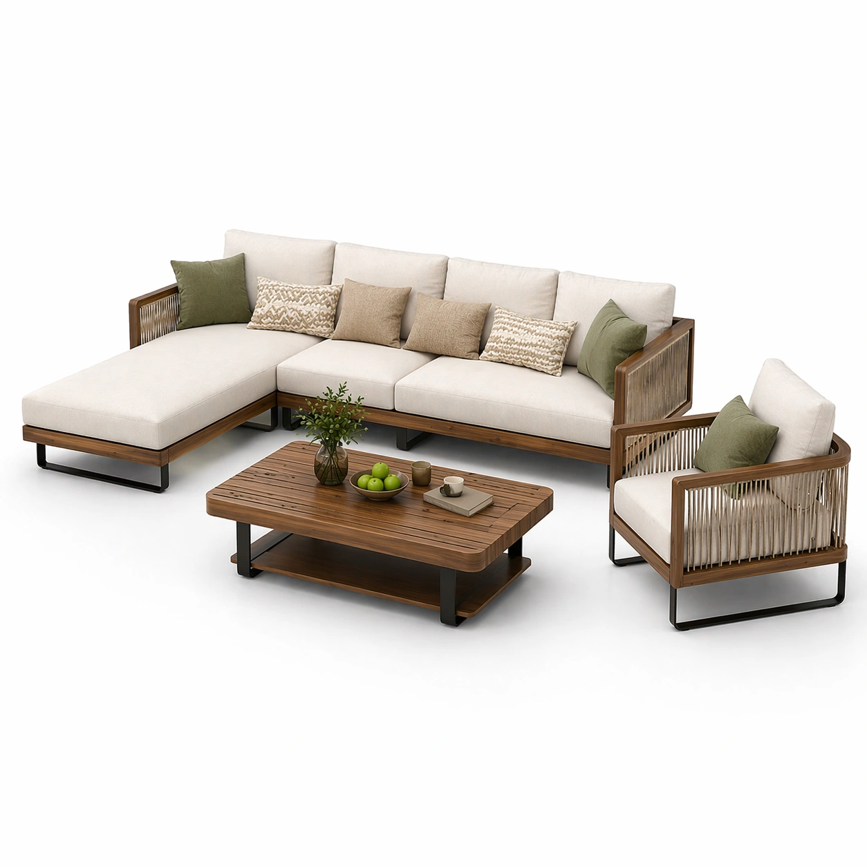 Lounge Sofa Set Beige mit Holz und Tisch Modern-vrivon