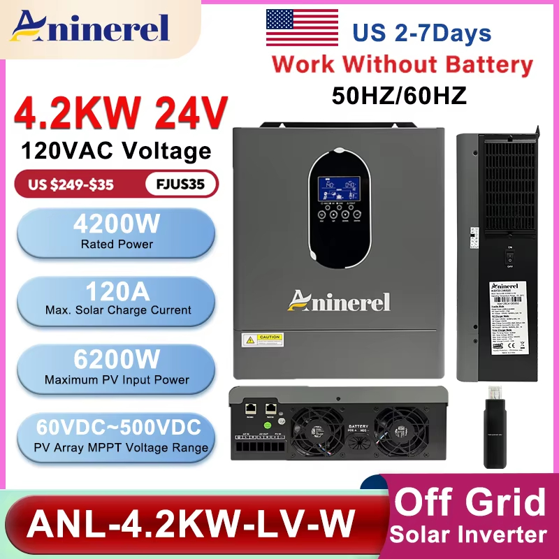  Aninerel 4.2KW 110V Hybrid Off Grid Solar Inverter Pure Sine Wave MPPT 120A 6200W Solar Charger Power Home LCD Display Inverter