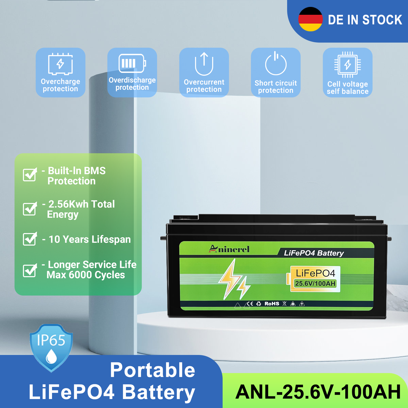 Aninerel 24V 100Ah LiFePO4 Battery Bluetooth 6000+ Cycles Grade A RV Solar Home Lithium Pack Built-in BMS 