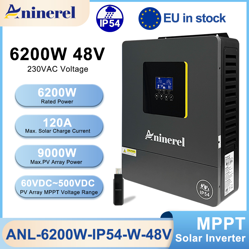 Aninerel 6.2KW 24V Hybrid Solar Inverter IP54 Dual Output Color LCD Display Off/On grid Inverter MPPT 120A PV 500VDC With WiFi