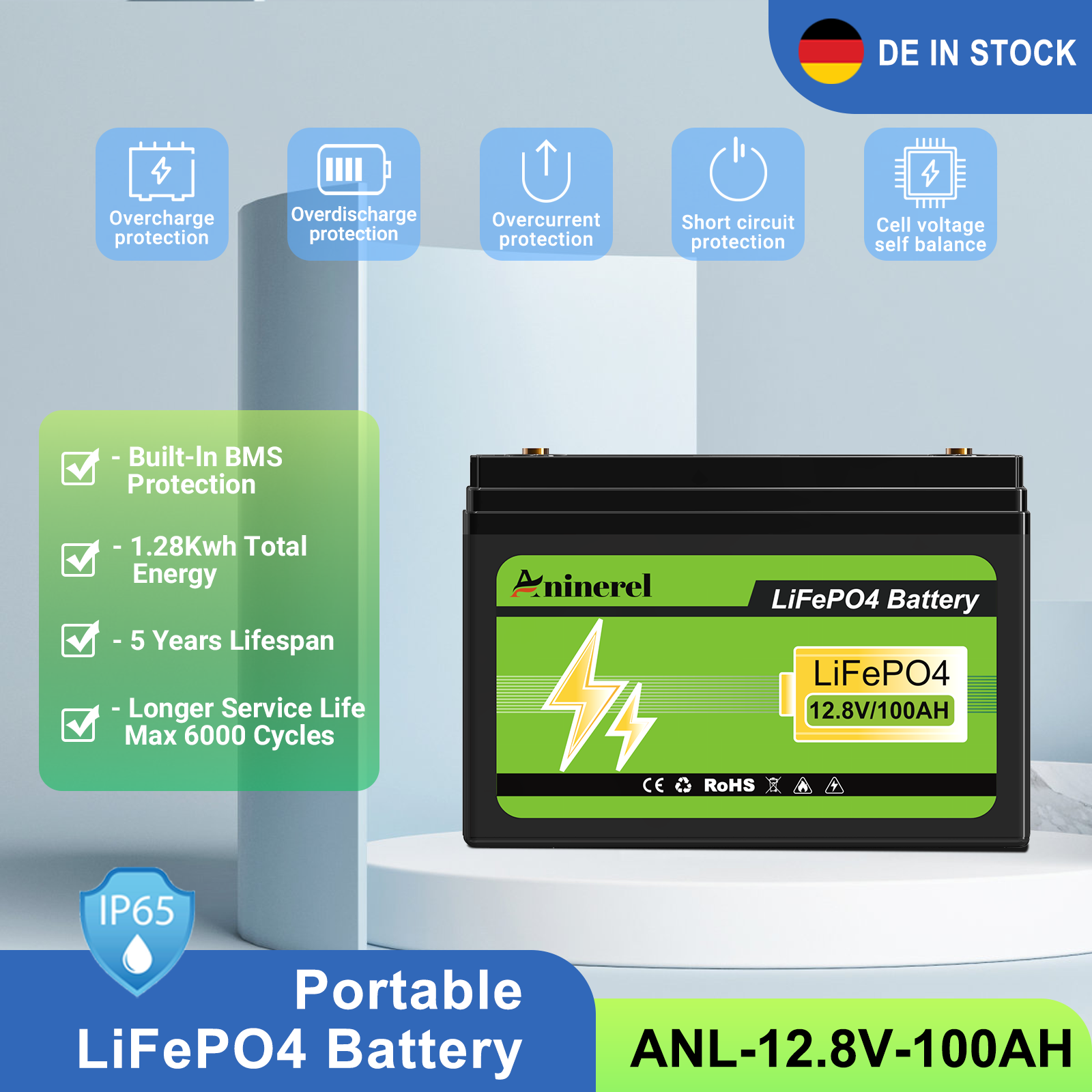  Aninerel 12.8V LiFePO4 Battery, 100Ah Solar Lithium Iron Phosphate Battery, Portable Rechargeable Battery with Built-in BMS and Bluetooth
