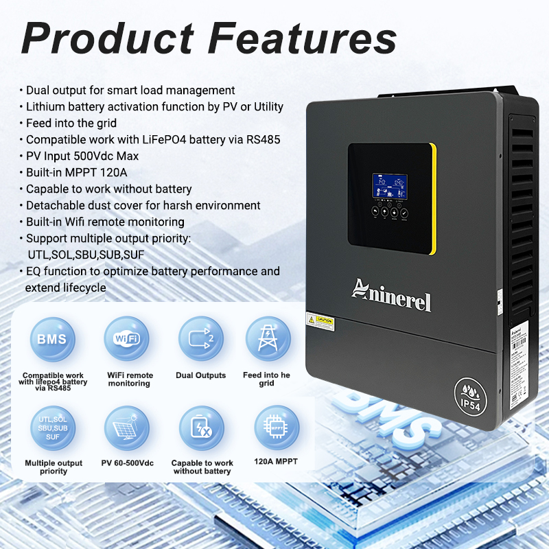 Aninerel 6.2KW 24V Hybrid Solar Inverter IP54 Dual Output Color LCD Display Off/On grid Inverter MPPT 120A PV 500VDC With WiFi