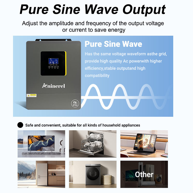 Aninerel 6.2KW 24V Hybrid Solar Inverter IP54 Dual Output Color LCD Display Off/On grid Inverter MPPT 120A PV 500VDC With WiFi