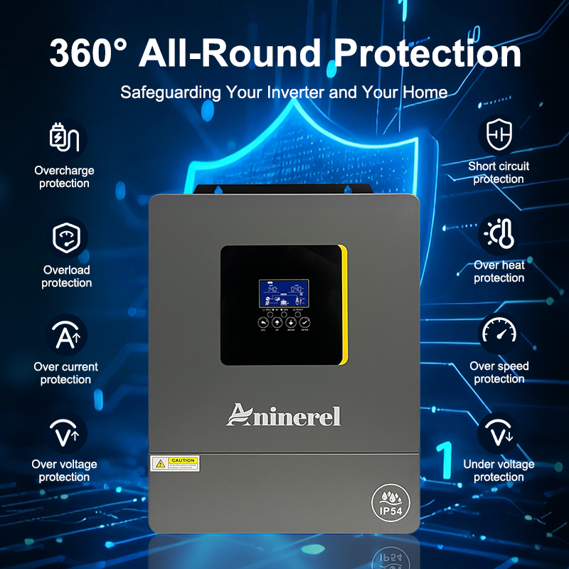 Aninerel 6.2KW 24V Hybrid Solar Inverter IP54 Dual Output Color LCD Display Off/On grid Inverter MPPT 120A PV 500VDC With WiFi