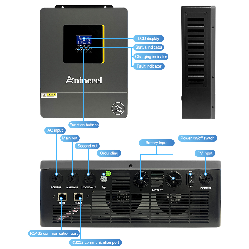 Aninerel 6.2KW 24V Hybrid Solar Inverter IP54 Dual Output Color LCD Display Off/On grid Inverter MPPT 120A PV 500VDC With WiFi