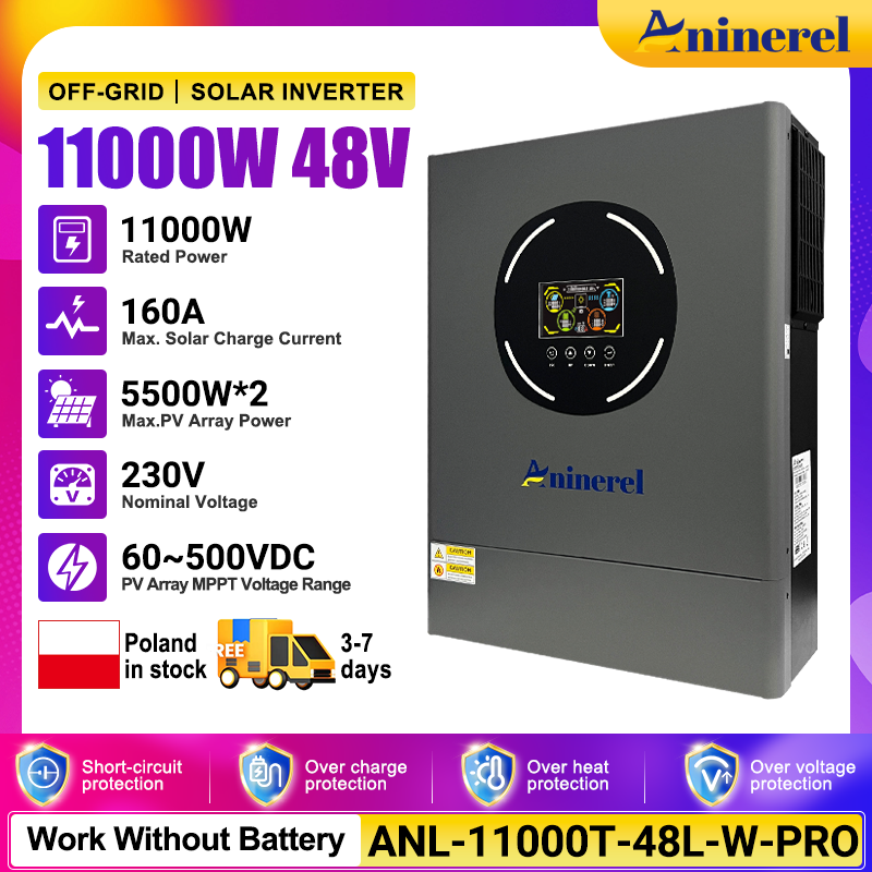 [🔥 618 BEST SELLER]Aninerel 11kW 48V 230V Hybrid Solar Inverter Pure Sine Wave Dual Output Color LCD Display MPPT*2 Off-Grid + Grid-Tied 500V DC with WiFi