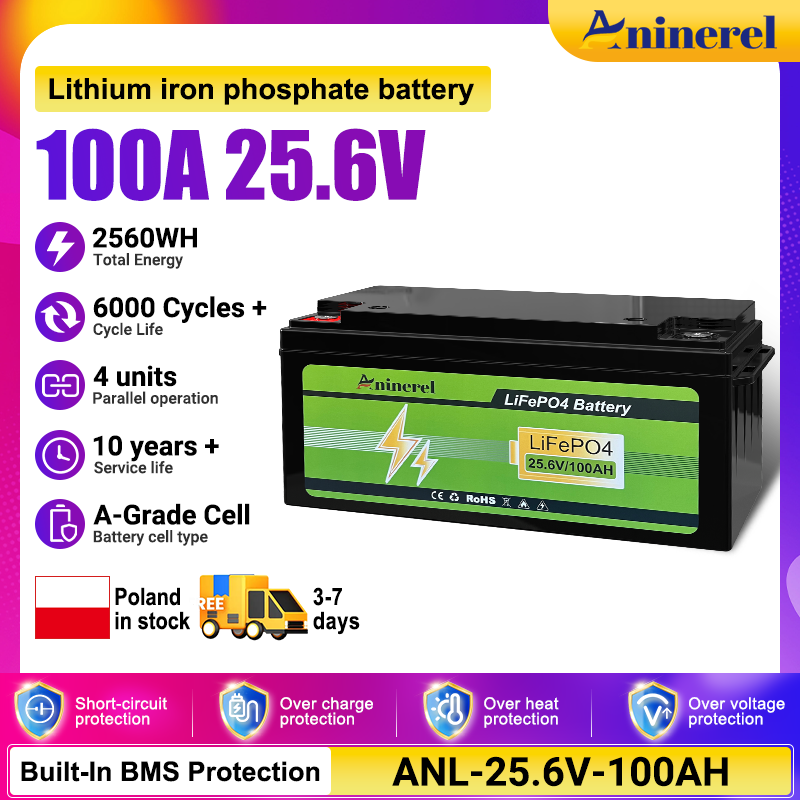[🔥 618 BEST SELLER] Aninerel 24V 100Ah LiFePO4 Battery Bluetooth 6000+ Cycles Grade A RV Solar Home Lithium Pack Built-in BMS 