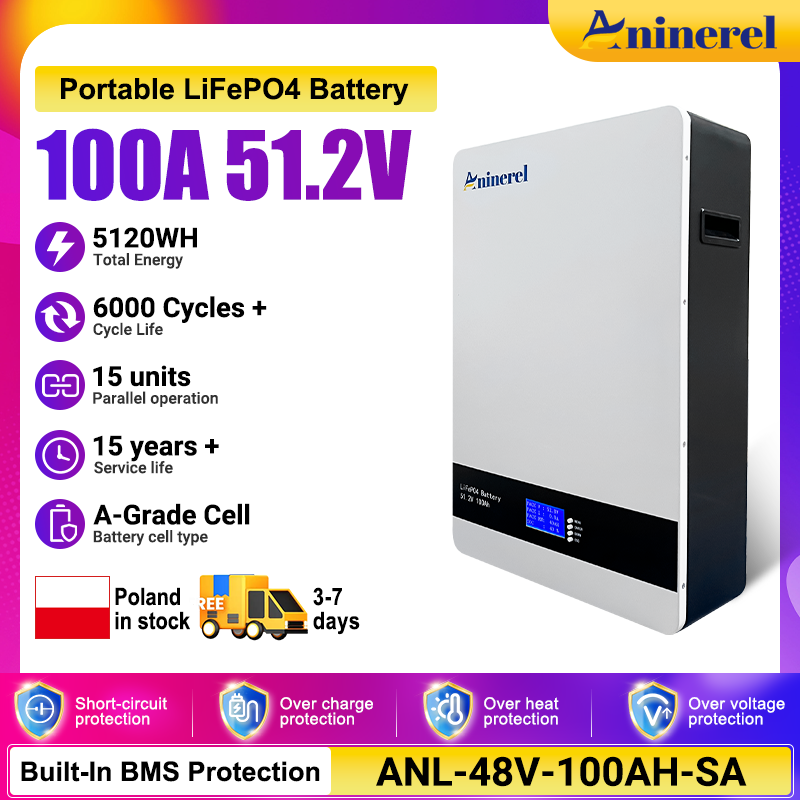 [🔥 618 BEST SELLER]Aninerel 51.2V 100Ah Powerwall LiFePO4 Wall-Mounted Battery Pack 48V 5Kwh for Solar Off/On Grid Built-in BMS 6000+ Cycles