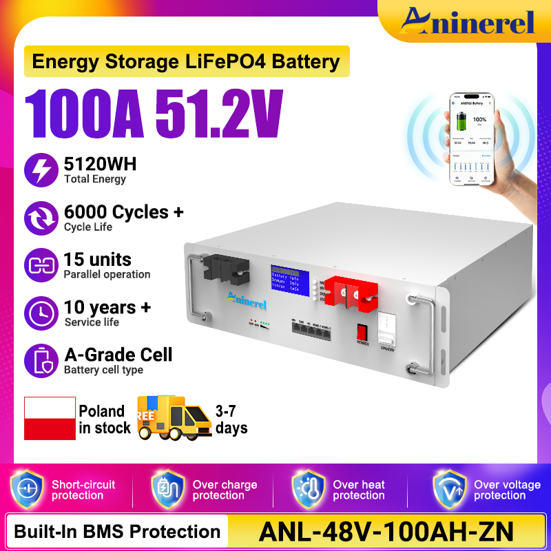 [🔥 618 BEST SELLER]Aninerel- 51.2V 100Ah Rack-mounted LiFePO4 Battery 6000+ Cycles Built in BMS 5KWH Support Parallel for Solar System