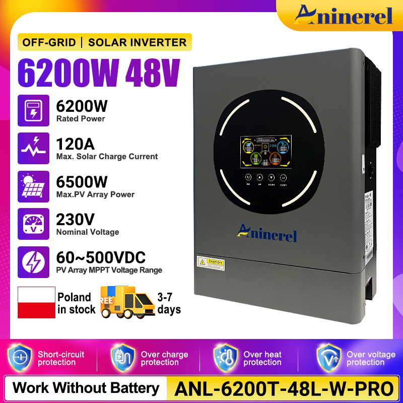 [🔥 618 BEST SELLER]Aninerel 6.2KW 48V 230V Hybrid Solar Inverter Pure Sine Wave Grid-Tied/Off-Grid Dual-Use MPPT 120A With WIFI Function