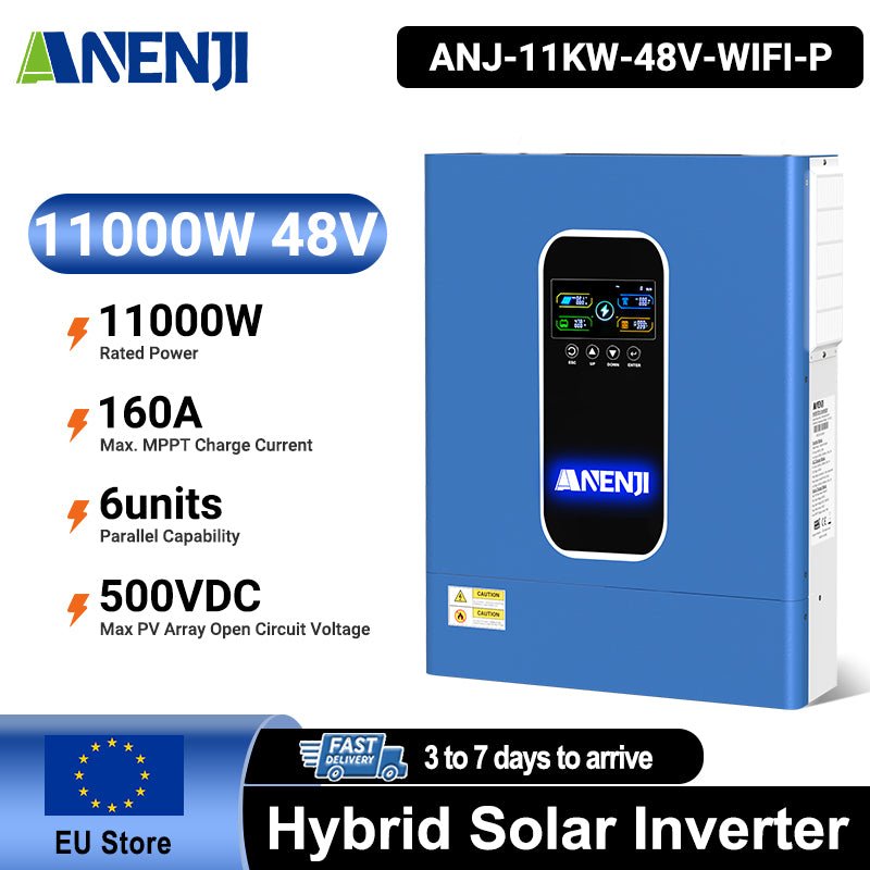 Anenji 11KW 48V 230V Hybrid Solar Inverter Pure Sine Wave Off - Grid+On - Grid 2*MPPT with WIFI Parallel Function for 6 unit Max - ANENJISOLAR