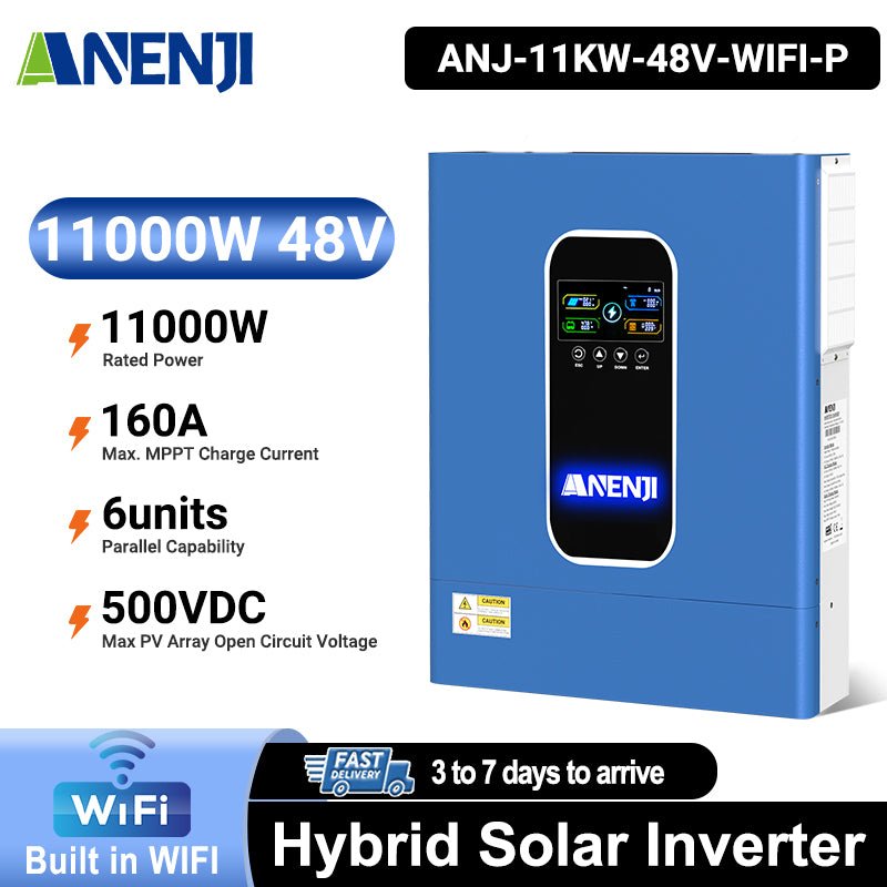 Anenji 11KW 48V 230V Hybrid Solar Inverter Pure Sine Wave Off - Grid+On - Grid 2*MPPT with WIFI Parallel Function for 6 unit Max - ANENJISOLAR