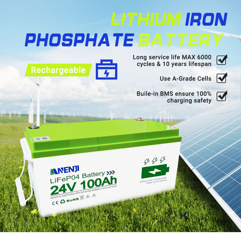 Anenji 24V 100AH LiFePO4 Battery Deep Cycles Lithium Iron Phosphate Battery - ANENJISOLAR