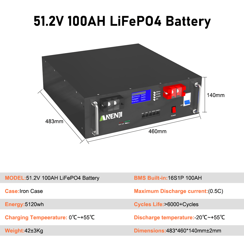 Anenji 51.2V 100Ah Rack - mounted LiFePO4 Battery 6000+ Cycles Built in BMS 5KWH Support Parallel for Solar System - ANENJISOLAR