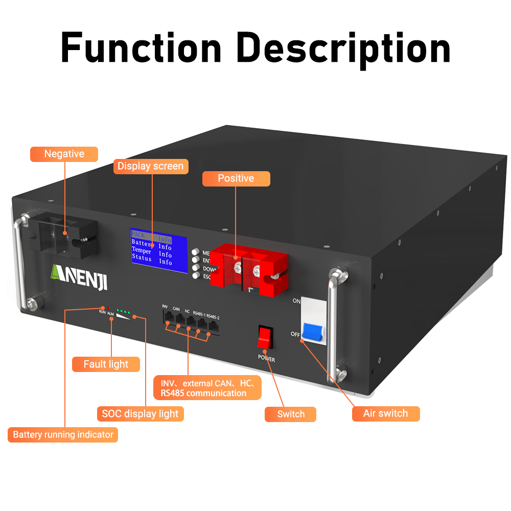 Anenji 51.2V 100Ah Rack - mounted LiFePO4 Battery 6000+ Cycles Built in BMS 5KWH Support Parallel for Solar System - ANENJISOLAR