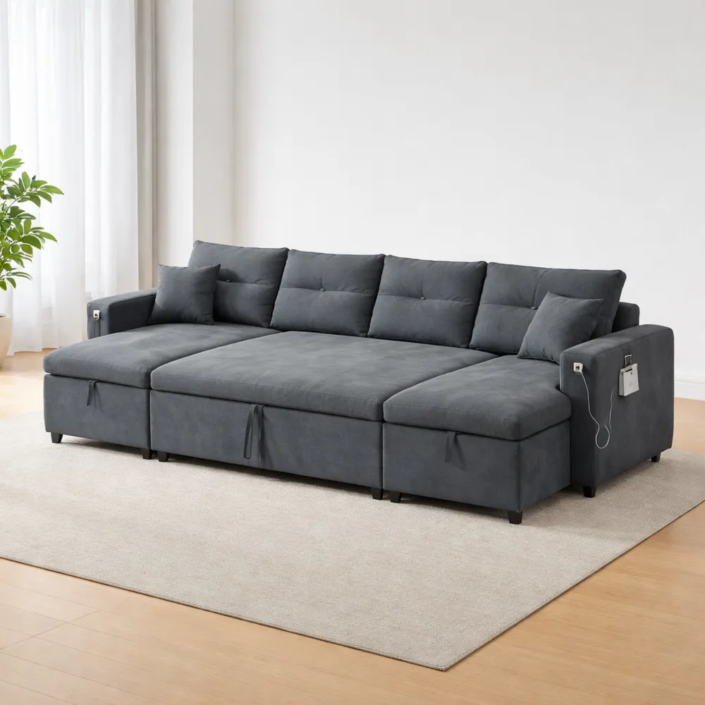 Divano letto modulare con portabicchieri e porte USB, contenitore integrato, in lino, angolare a U con chaise longue