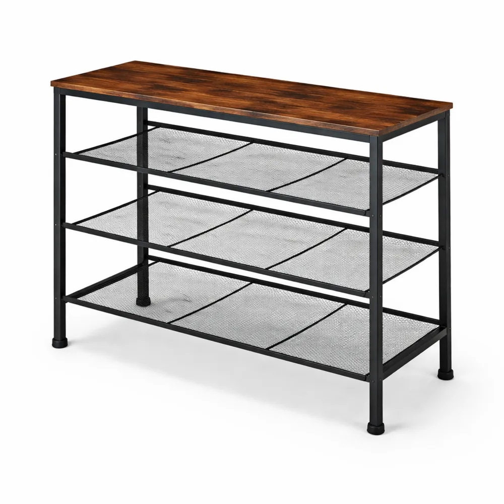 Scarpiera Ingresso con 3 Ripiani in Rete, Scaffale Scarpe Stile Industriale in Legno Scuro