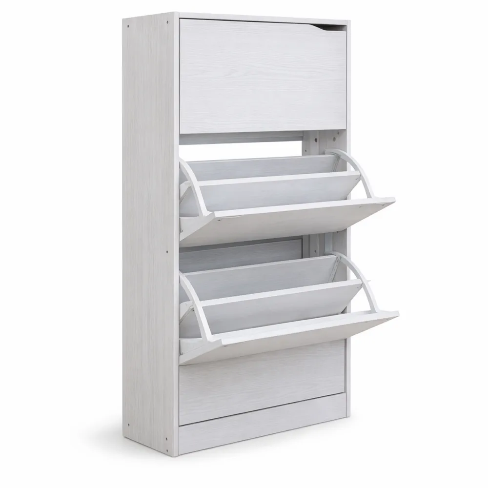 Scarpiera in Legno MDF con 3 Ante Ribaltabili, Maniglie a Scomparsa, Doppia Profondità, Slim 63x24x115 cm, Colore Bianco